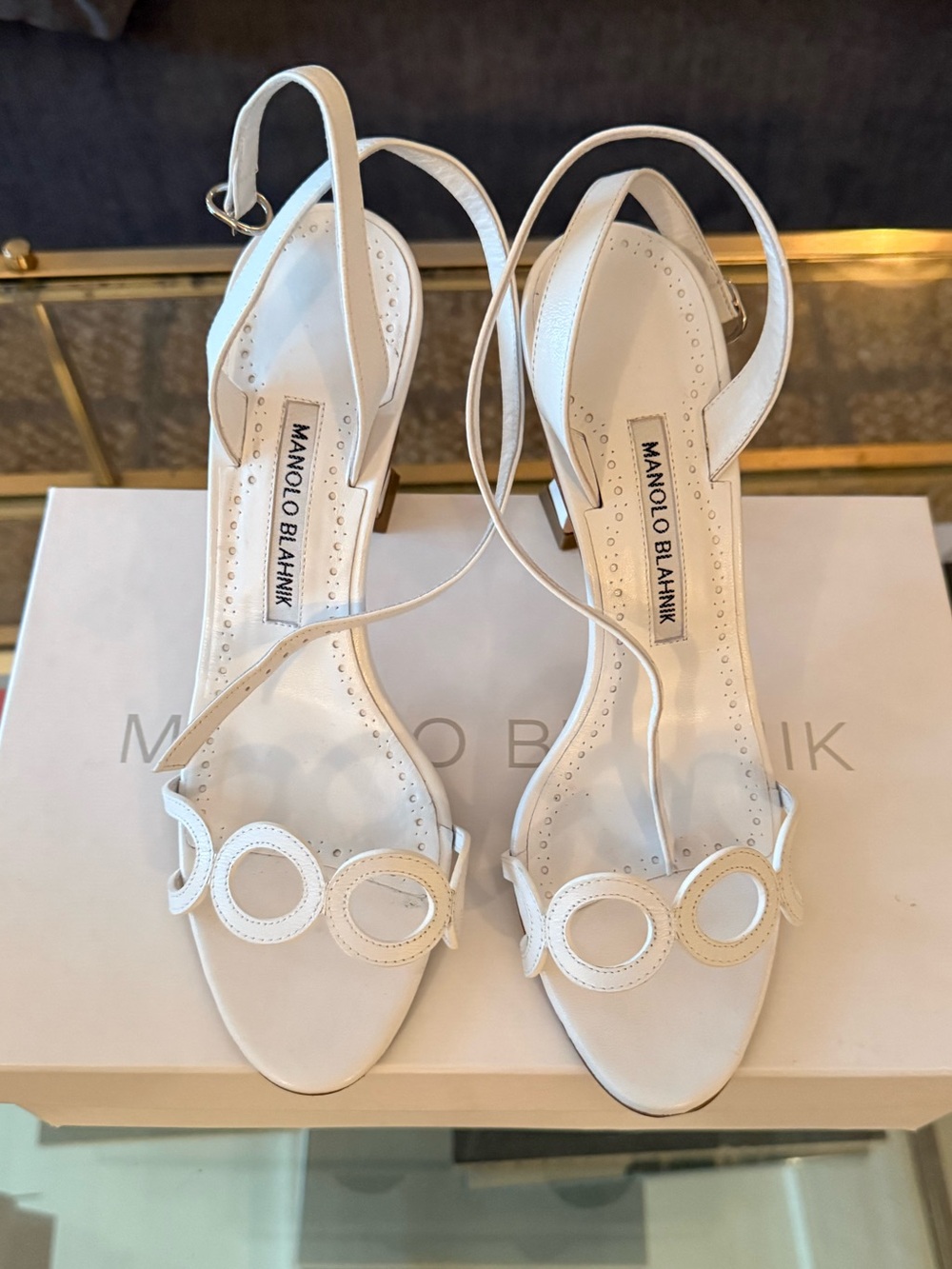 Manolo Blahnik White Leather Heeled Sandals with Circular Cutouts